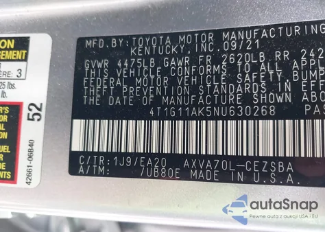 2022 Toyota Camry Se из США, поврежденный, VIN 4T1G11AK5NU630268